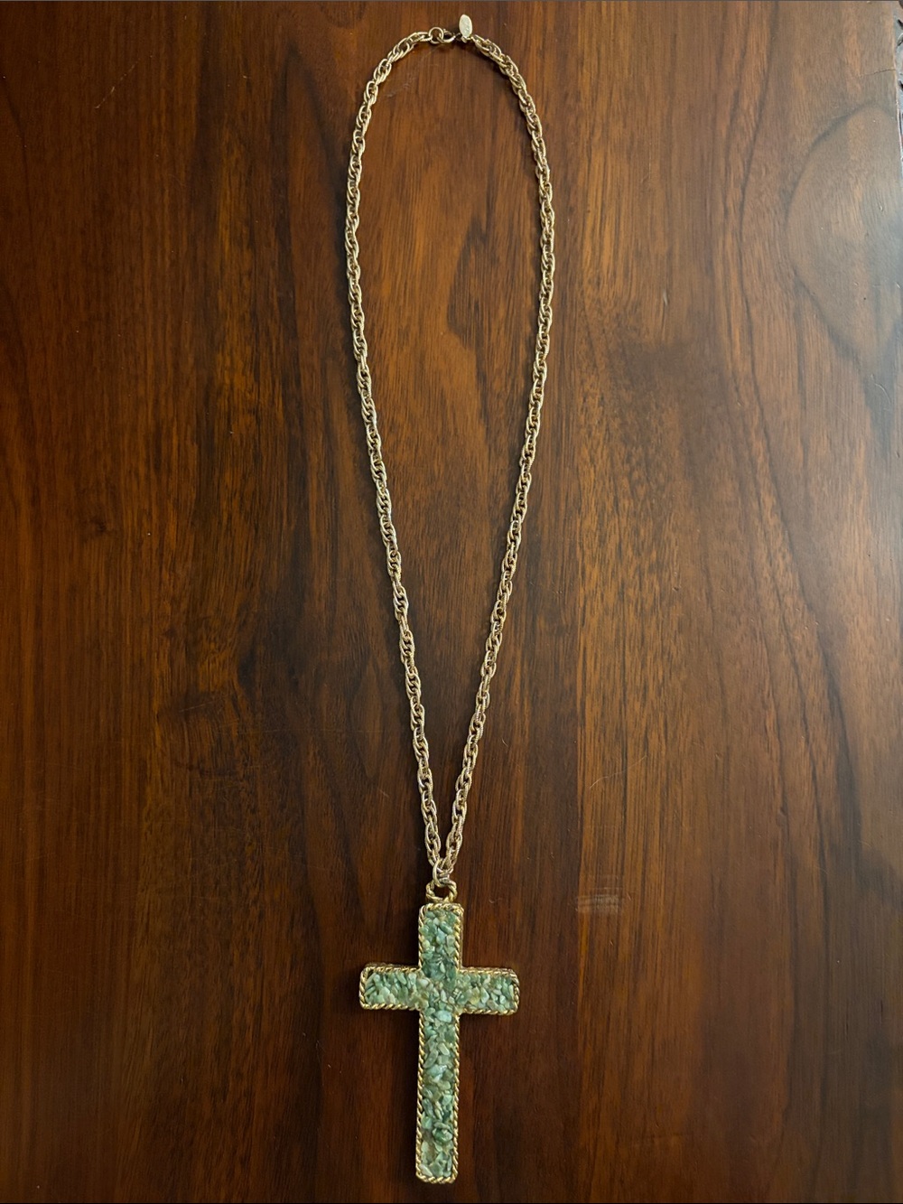 Vintage Park Lane Reversible Green Jade Chip Cross Necklace Gold-Tone